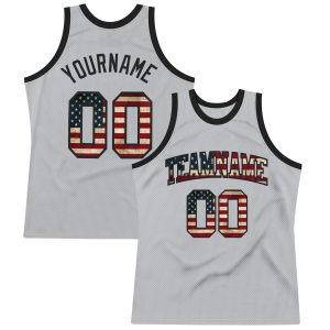 Gray Vintage USA Flag-Black Authentic Throwback Personalized Basketball Jersey