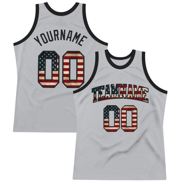 Gray Vintage USA Flag-Black Authentic Throwback Personalized Basketball Jersey