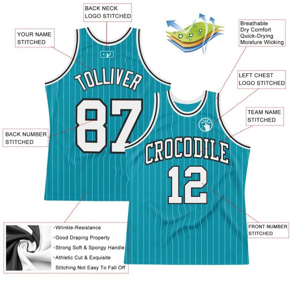 Teal White Pinstripe White-Black Authentic Personalized Basketball Jersey - Image 2