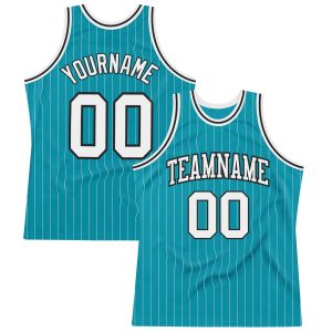 Teal White Pinstripe White-Black Authentic Personalized Basketball Jersey
