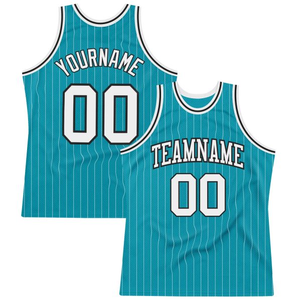 Teal White Pinstripe White-Black Authentic Personalized Basketball Jersey