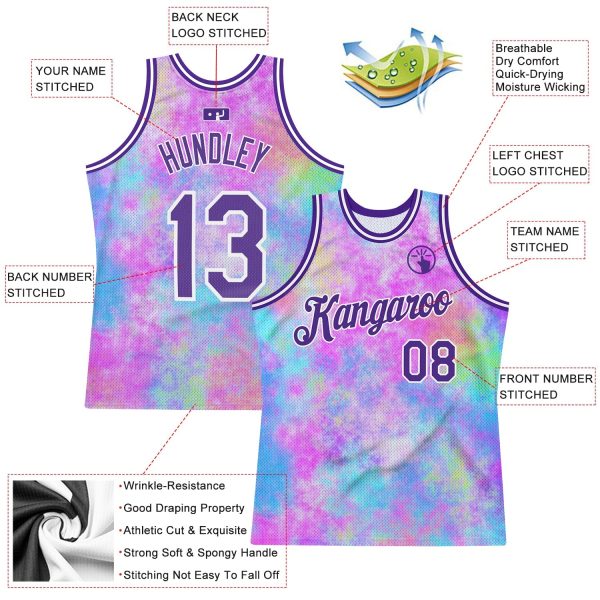 Tie Dye Purple-White 3D Watercolor Gradient Authentic Personalized Basketball Jersey - Image 2