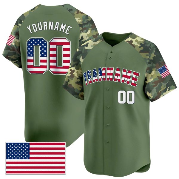Green Alternate Red - White Camo Personalized Baseball Jersey - American Flag