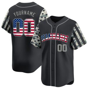 Gray Camo USA Flag Gray Color Sleeve Personalized Baseball Jersey