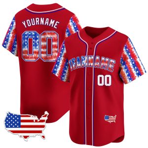 Red White - Red Independence Day Tie Dye Personalized Baseball Jersey - USA Map Patch