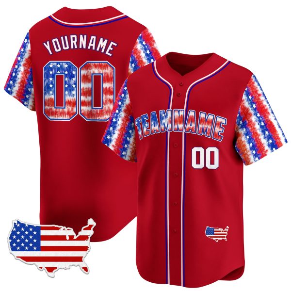 Red White - Red Independence Day Tie Dye Personalized Baseball Jersey - USA Map Patch