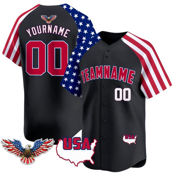 Black Alternate Red - White Independence Day Personalized Baseball Jersey - Eagle Logo Patch