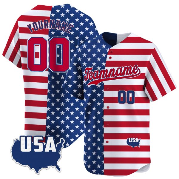 Red Stripes Red - Royal Independence Day Split Personalized Baseball Jersey - USA Map