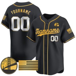 Black Gold - Silver Independence Day Personalized Baseball Jersey - Golden Gate Bridge Patch