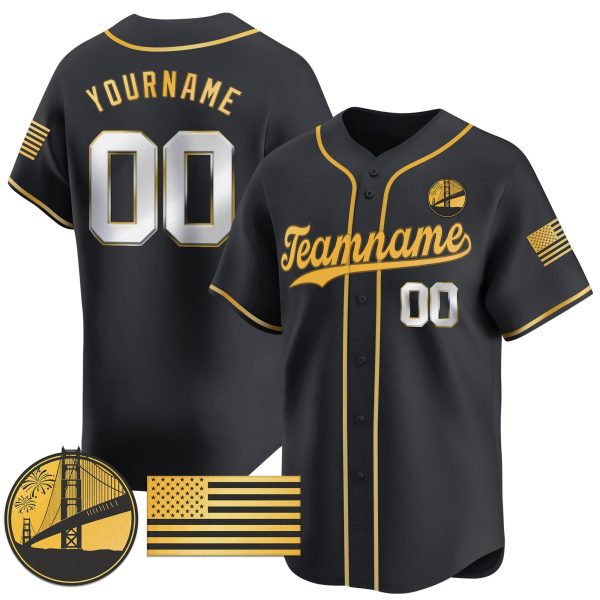 Black Gold - Silver Independence Day Personalized Baseball Jersey - Golden Gate Bridge Patch