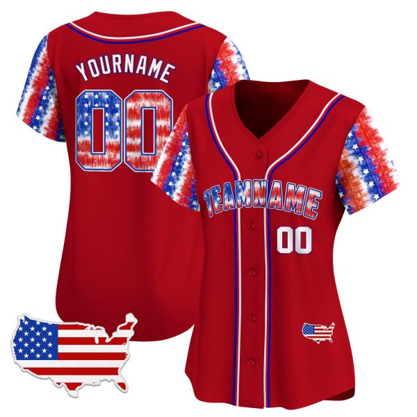 Red White - Red Independence Day Tie Dye Personalized Baseball Jersey - USA Map Patch - Image 2