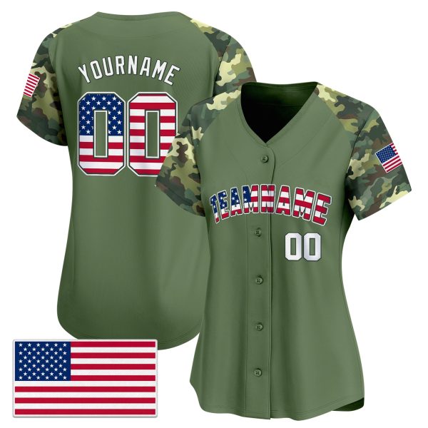 Green Alternate Red - White Camo Personalized Baseball Jersey - American Flag - Image 2
