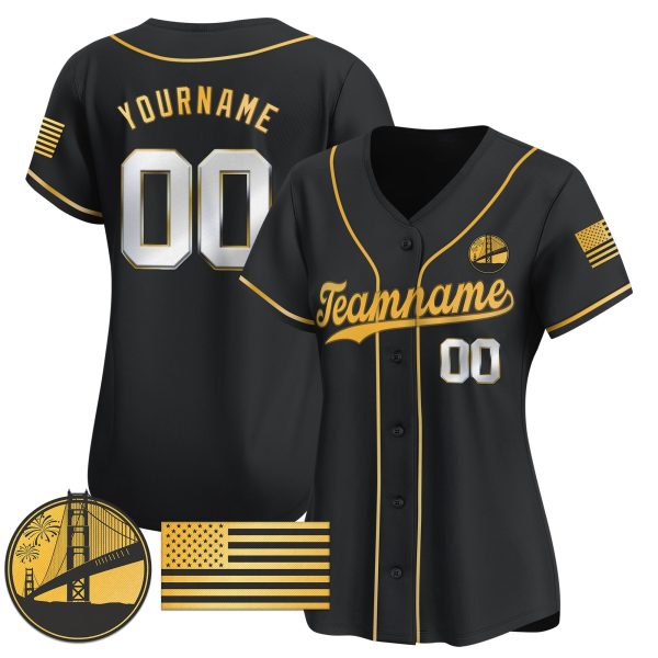 Black Gold - Silver Independence Day Personalized Baseball Jersey - Golden Gate Bridge Patch - Image 2