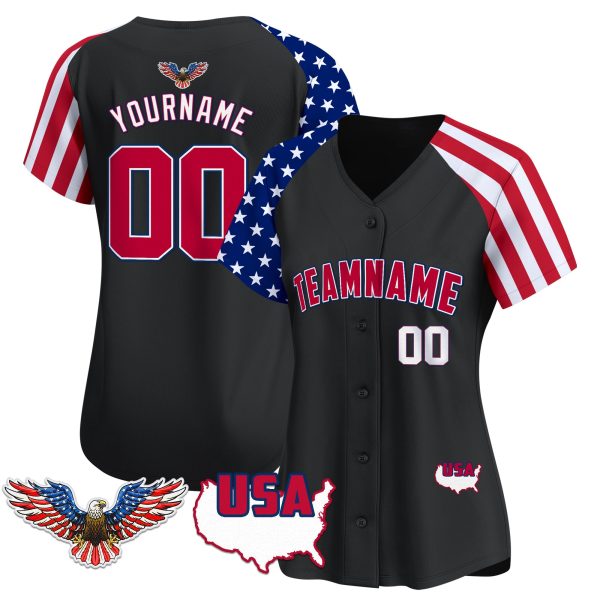 Black Alternate Red - White Independence Day Personalized Baseball Jersey - Eagle Logo Patch - Image 2