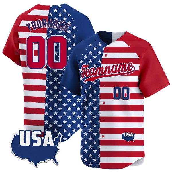 Royal - Red Alternate Red - Royal Split Personalized Baseball Jersey - USA Map Patch