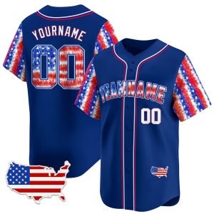 Royal Red - White Independence Day Tie Dye Personalized Baseball Jersey - USA Map Patch