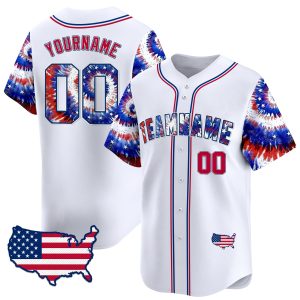 White Royal - Red Independence Day Tie Dye Personalized Baseball Jersey