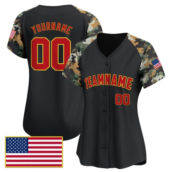 Black Brown Red - Gold Camo Personalized Baseball Jersey - American Flag - Image 2