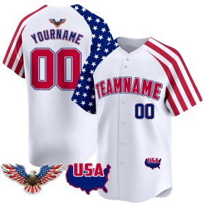 White Alternate Red - Royal Independence Day Personalized Baseball Jersey - Eagle Logo Patch