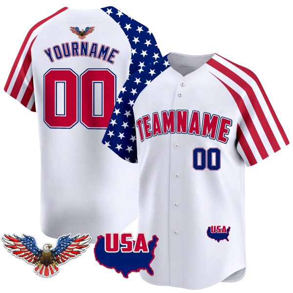 White Alternate Red - Royal Independence Day Personalized Baseball Jersey - Eagle Logo Patch