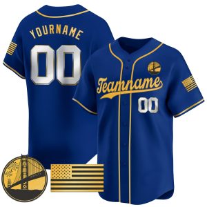 Royal Gold - Silver Independence Day Personalized Baseball Jersey - Golden Gate Bridge Patch