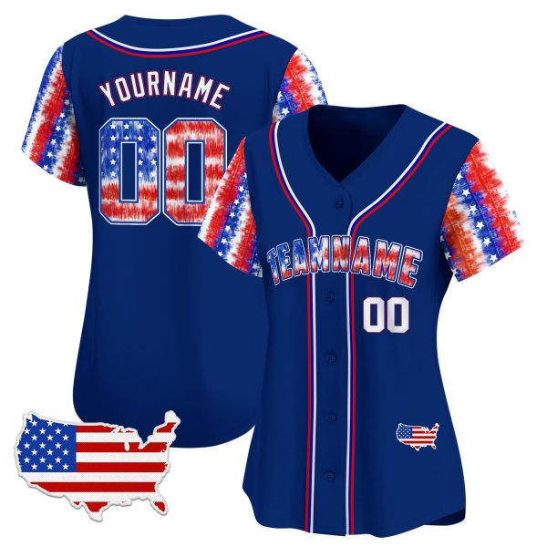 Royal Red - White Independence Day Tie Dye Personalized Baseball Jersey - USA Map Patch - Image 2