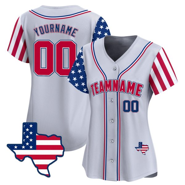 Grey Red Royal - Red Personalized Baseball Jersey Texas Map Patch - Image 2