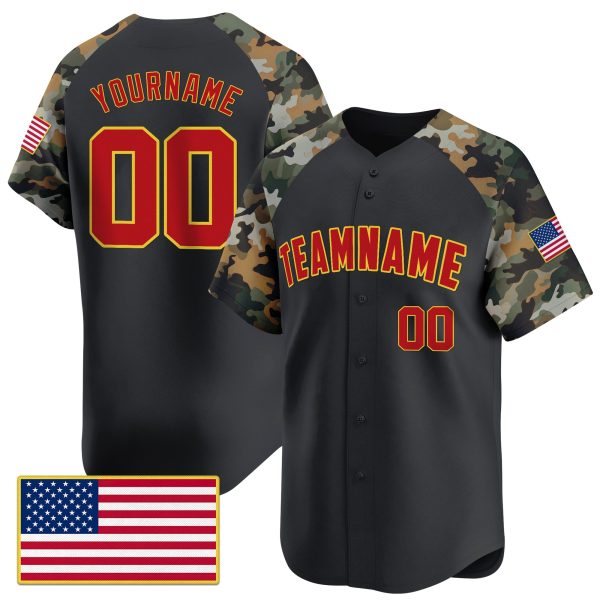 Black Brown Red - Gold Camo Personalized Baseball Jersey - American Flag