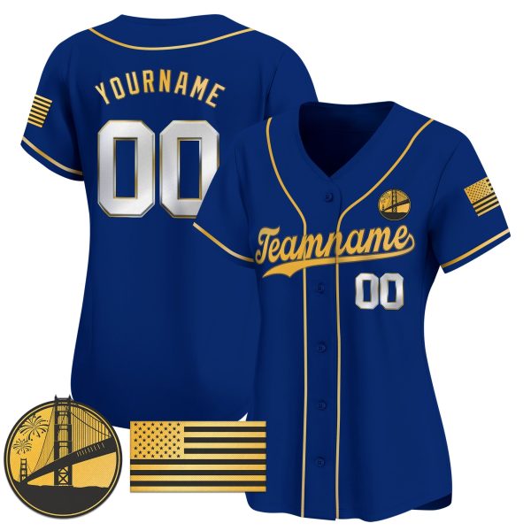 Royal Gold - Silver Independence Day Personalized Baseball Jersey - Golden Gate Bridge Patch - Image 2