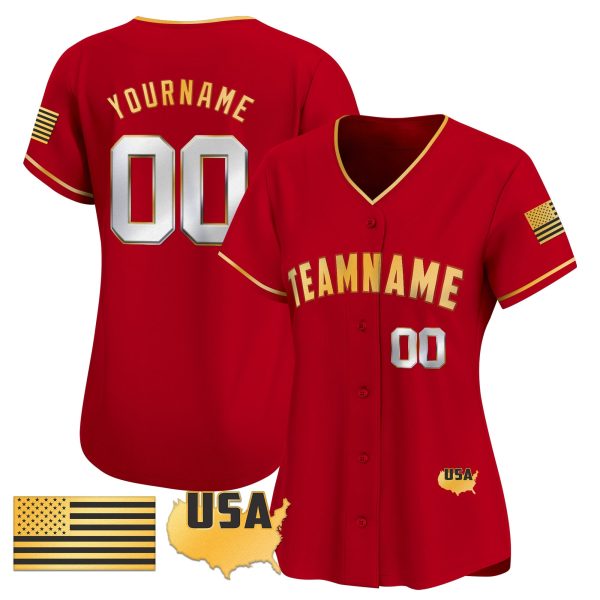 Red Gold - Silver American Flag Personalized Baseball Jersey - Image 2