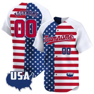 White Alternate Red - Royal Split Personalized Baseball Jersey - USA Map Patch