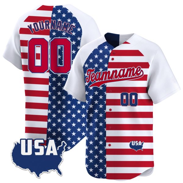 White Alternate Red - Royal Split Personalized Baseball Jersey - USA Map Patch
