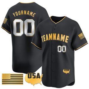 Black Gold - Silver American Flag Personalized Baseball Jersey