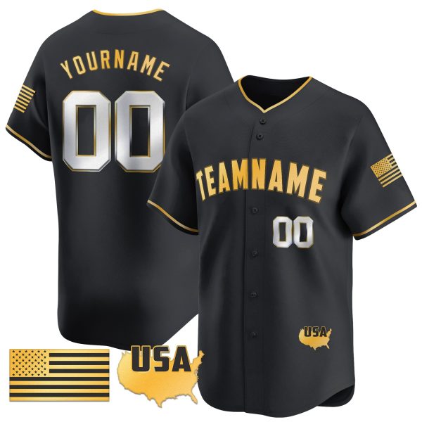 Black Gold - Silver American Flag Personalized Baseball Jersey