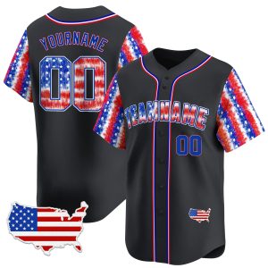 Black Red - Royal Independence Day Tie Dye Personalized Baseball Jersey - USA Map Patch