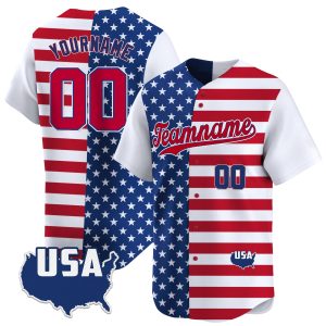 White Red - Royal Independence Day Split & Color Sleeve Personalized Baseball Jersey - USA Map
