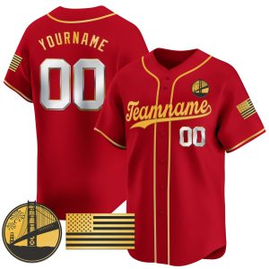 Red Gold - Silver Independence Day Personalized Baseball Jersey - Golden Gate Bridge Patch
