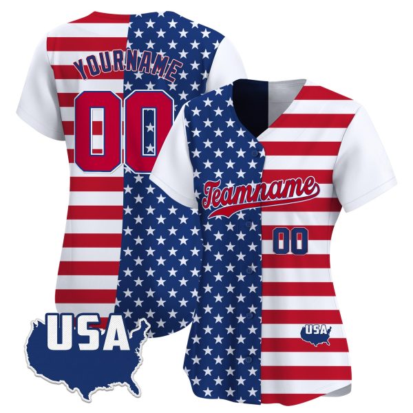 White Red - Royal Independence Day Split & Color Sleeve Personalized Baseball Jersey - USA Map - Image 2