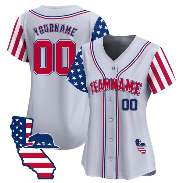 Grey Red Royal - Red Personalized Baseball Jersey California Map Patch - Image 2