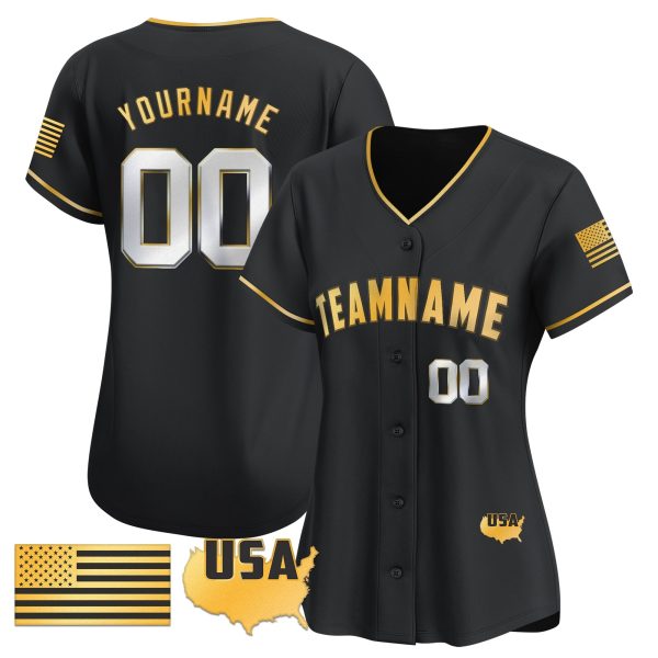 Black Gold - Silver American Flag Personalized Baseball Jersey - Image 2