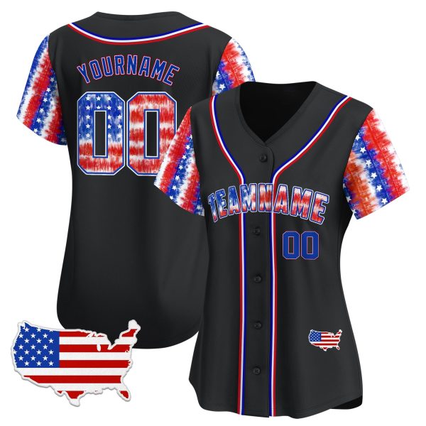Black Red - Royal Independence Day Tie Dye Personalized Baseball Jersey - USA Map Patch - Image 2