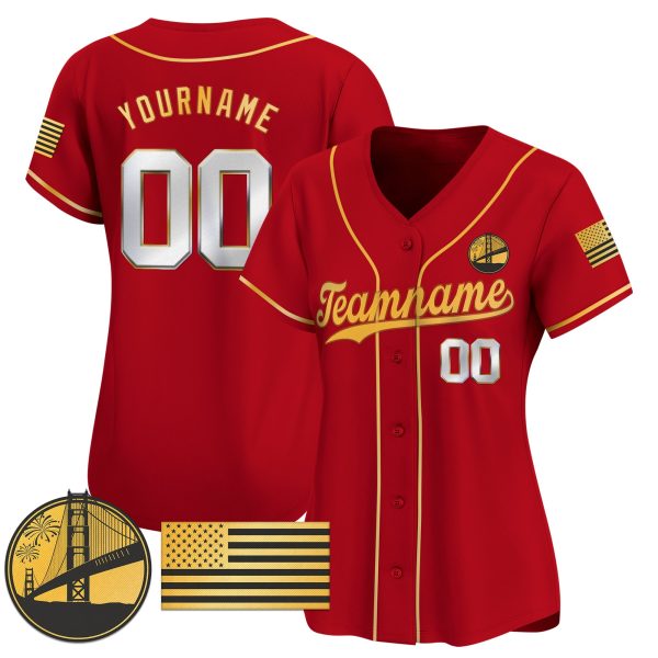 Red Gold - Silver Independence Day Personalized Baseball Jersey - Golden Gate Bridge Patch - Image 2