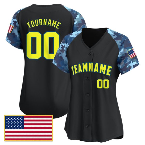 Black - Navy Alternate Yellow Navy Camo Personalized Baseball Jersey - American Flag - Image 2