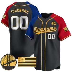 Black Alternate Gold - Silver Independence Day Personalized Baseball Jersey - Golden Gate Bridge Patch