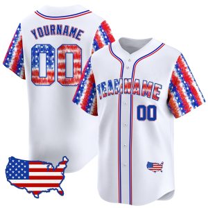 White Red - Royal Independence Day Tie Dye Baseball Jersey - USA Map Patch