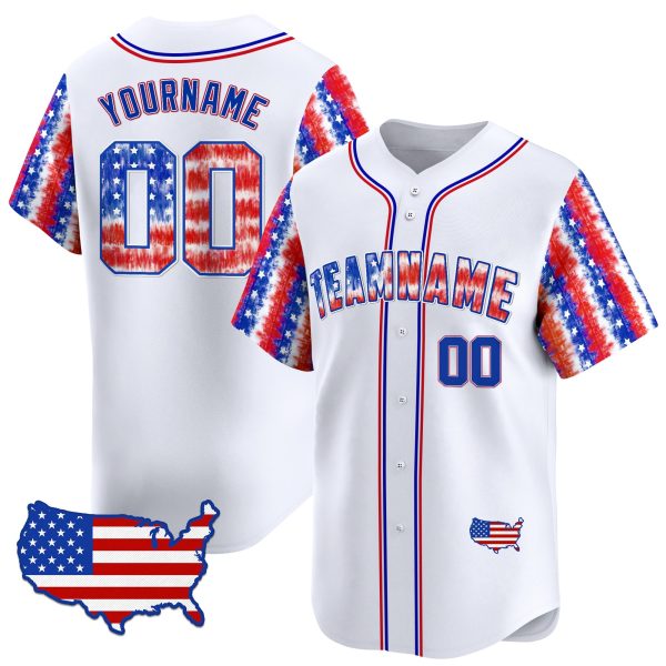 White Red - Royal Independence Day Tie Dye Baseball Jersey - USA Map Patch