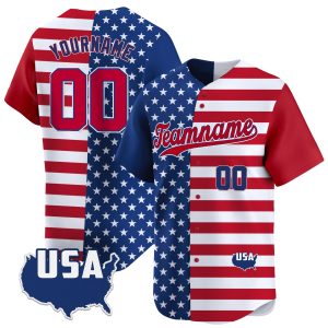 Red Royal - Red Independence Day Split & Color Sleeve Personalized Baseball Jersey - USA Map