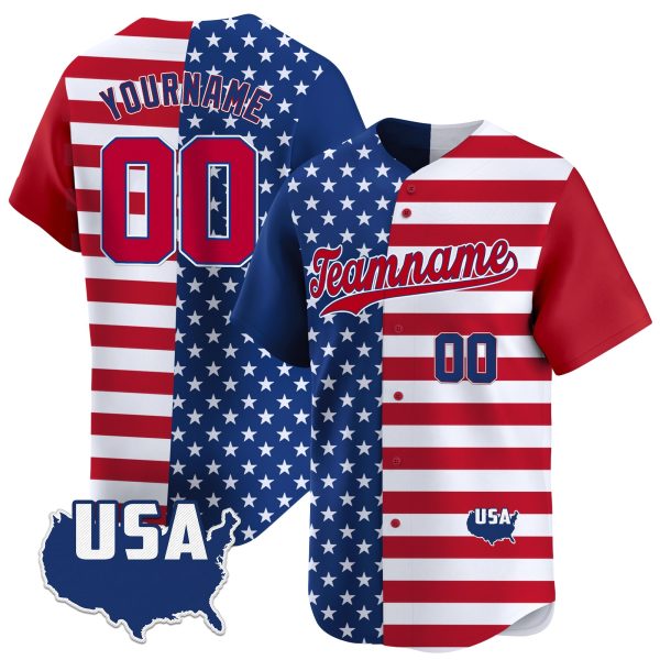 Red Royal - Red Independence Day Split & Color Sleeve Personalized Baseball Jersey - USA Map