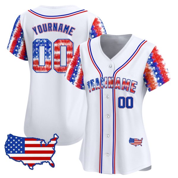 White Red - Royal Independence Day Tie Dye Baseball Jersey - USA Map Patch - Image 2