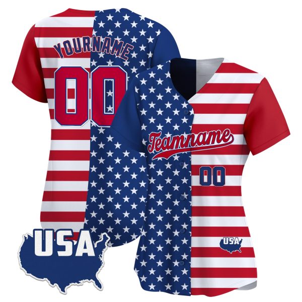 Red Royal - Red Independence Day Split & Color Sleeve Personalized Baseball Jersey - USA Map - Image 2